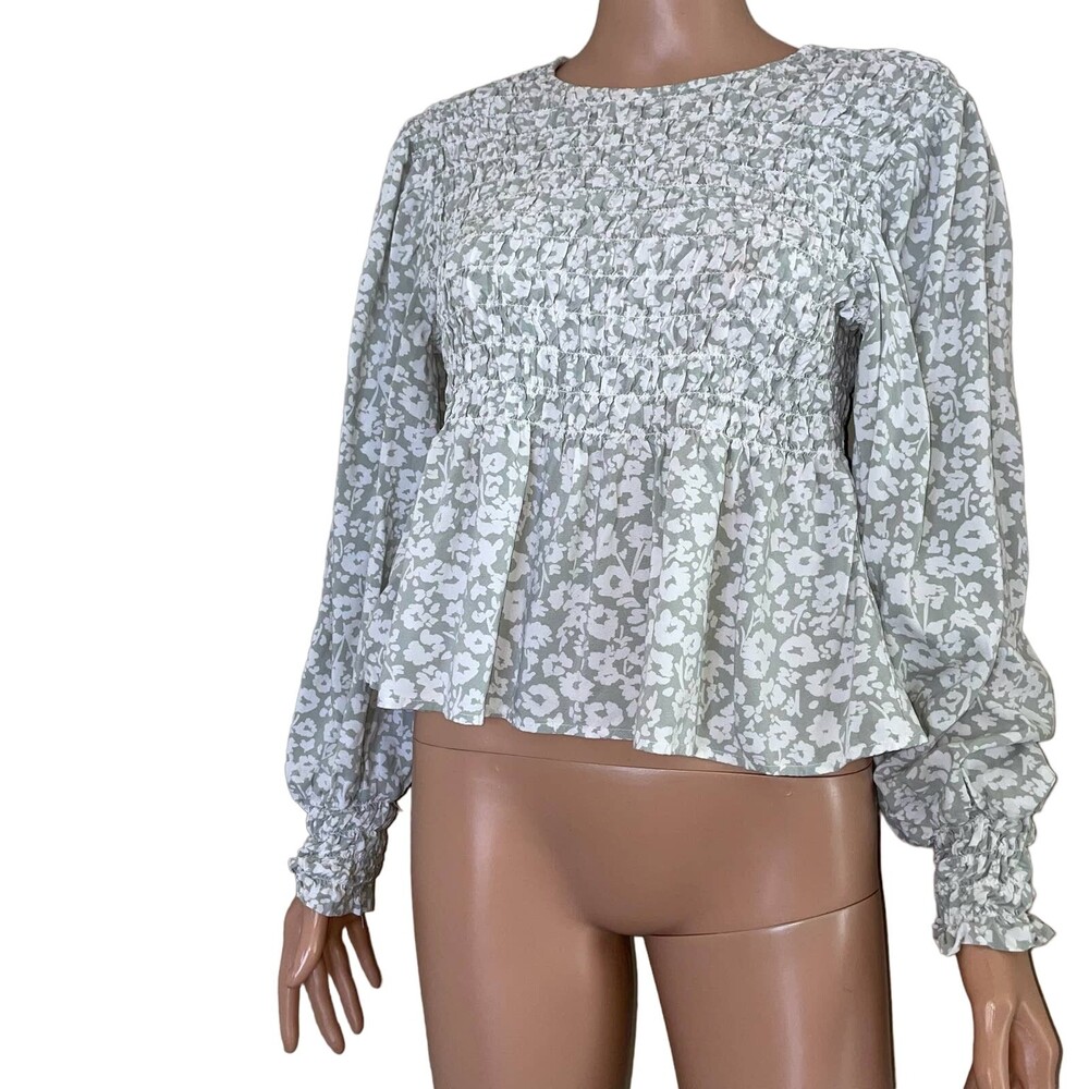 A New Day blouse top babydoll puff sleeve green white floral long sleeve SZ LG